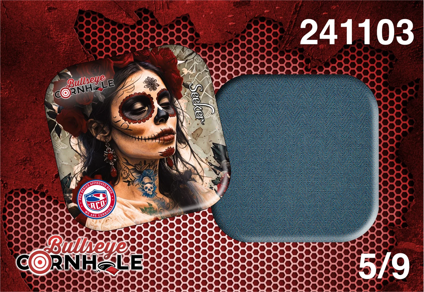 Day Of Dead design on Seeker bag with Steele Blue slow side