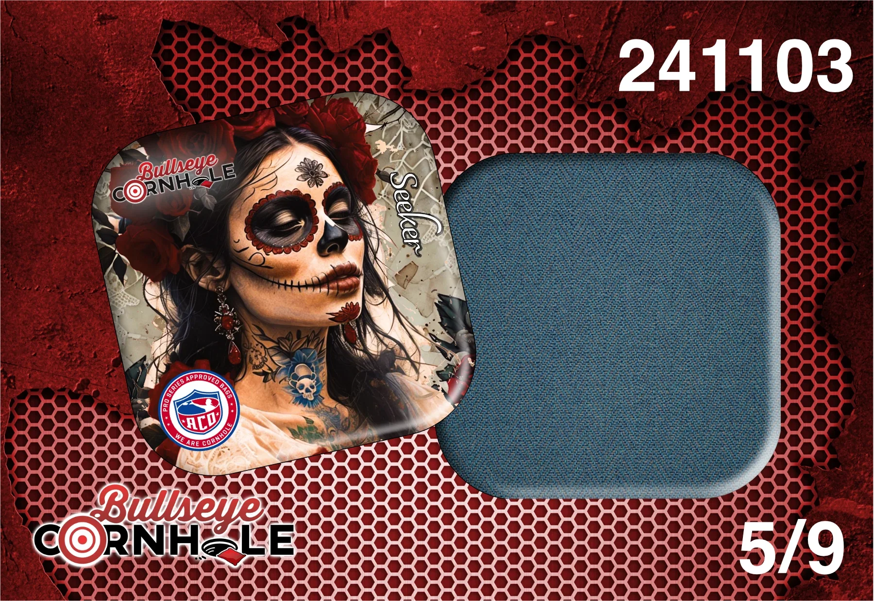 Day Of Dead design on Seeker bag with Steele Blue slow side