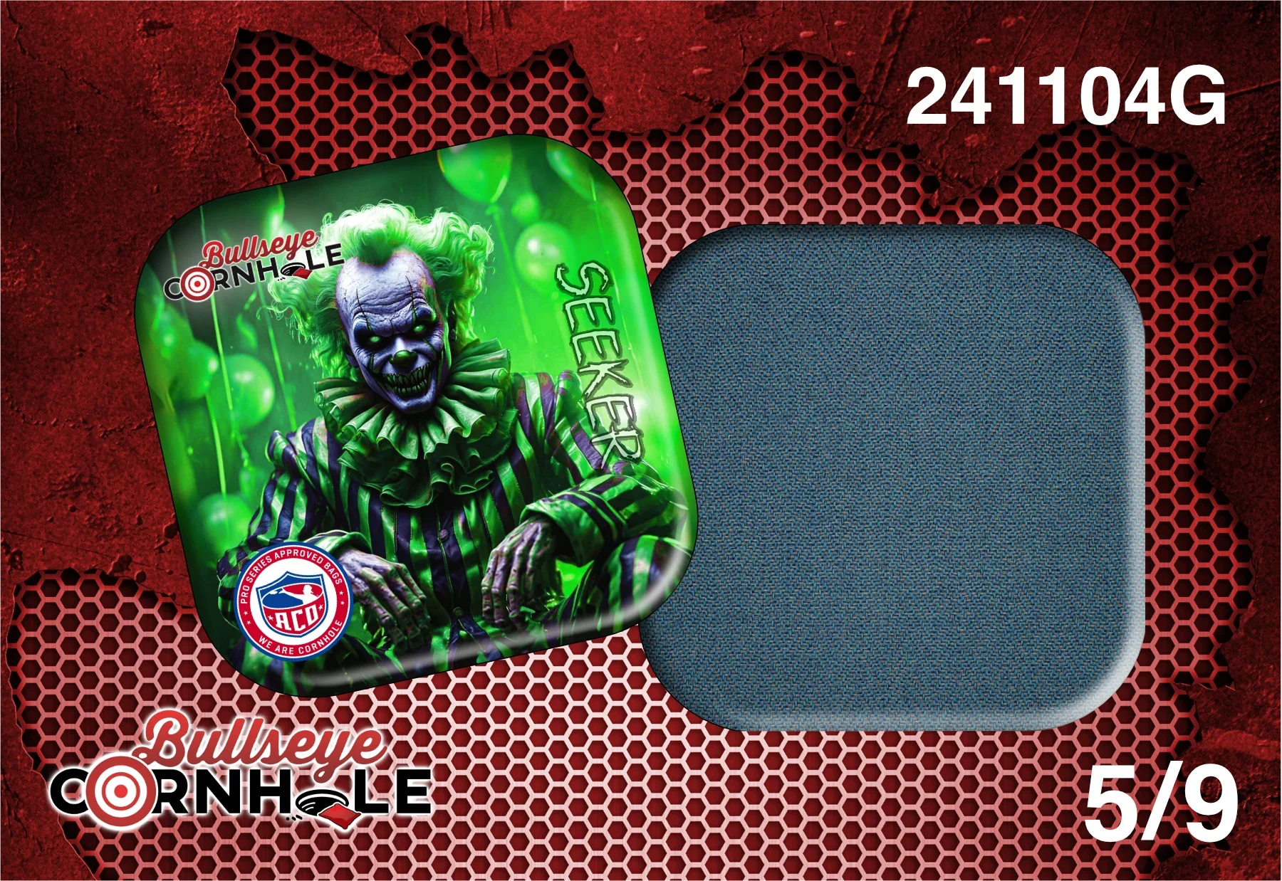Creepy Clown Green design on Seeker bag with Steele Blue slow side