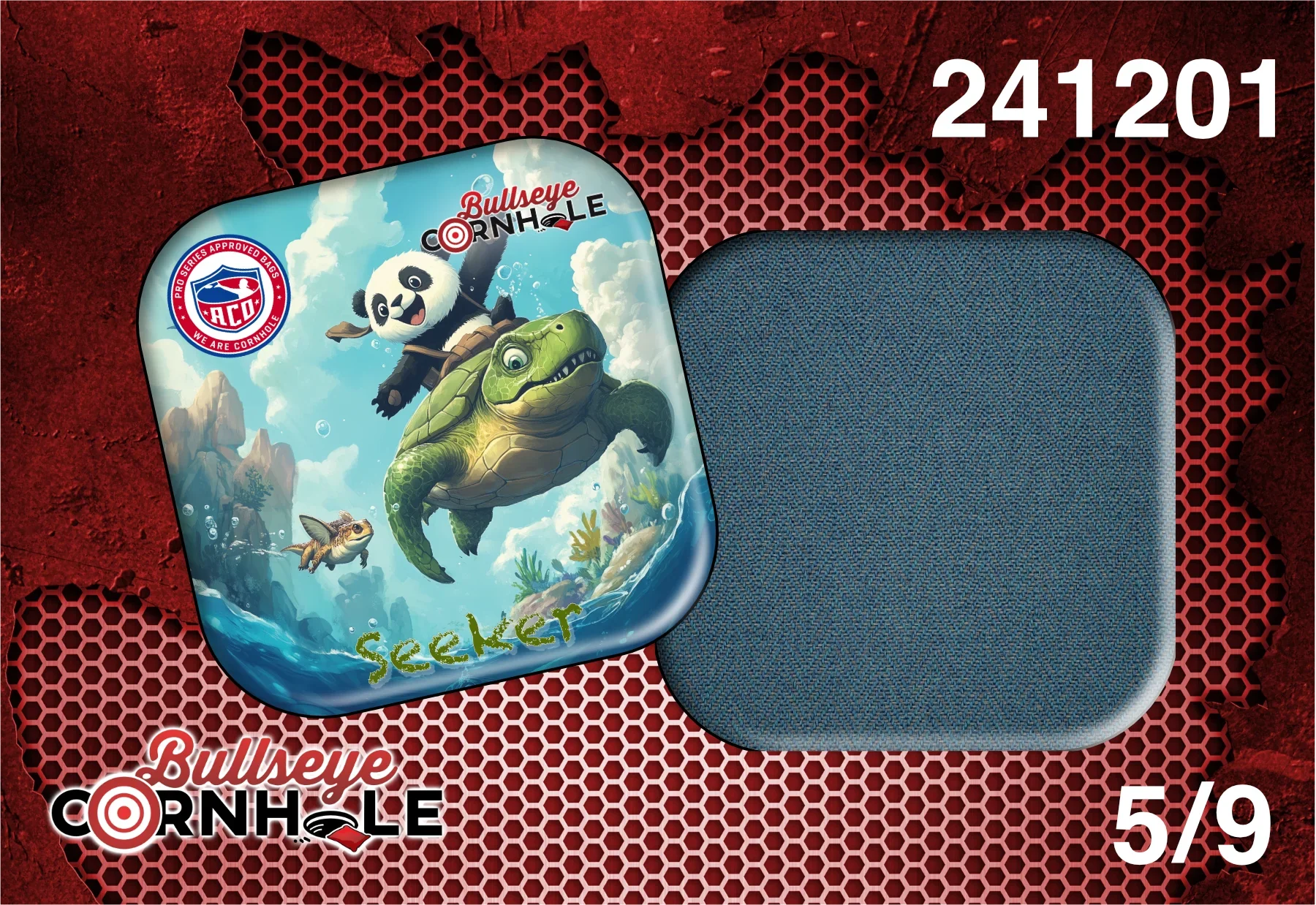 Panda Riding Turtle design on Seeker bag with Steele Blue slow side