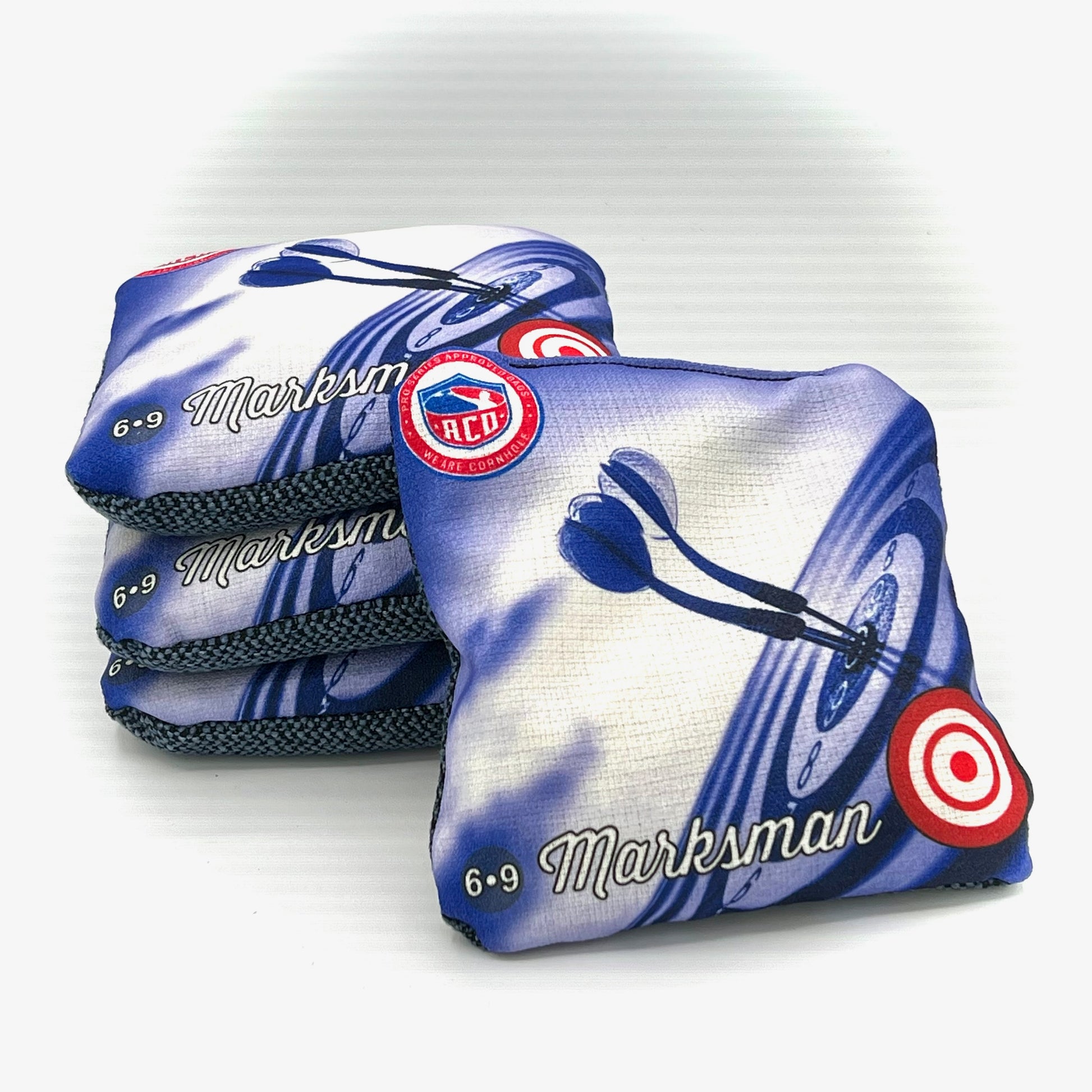 Blue Bullseye Marksman Cornhole Bag, Front Shot
