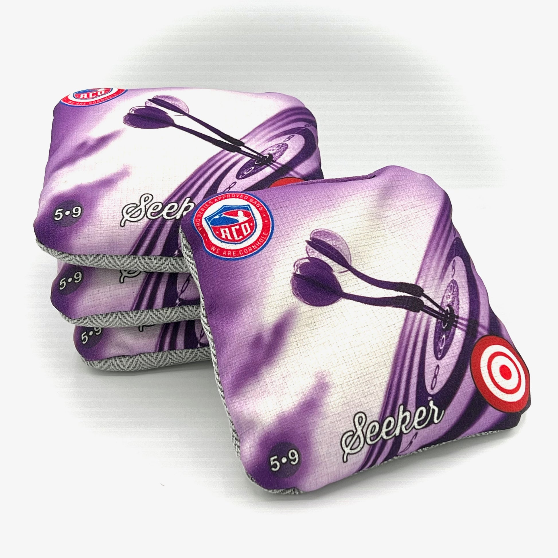 Purple Bullseye Seeker Cornhole Bag, Front Shot