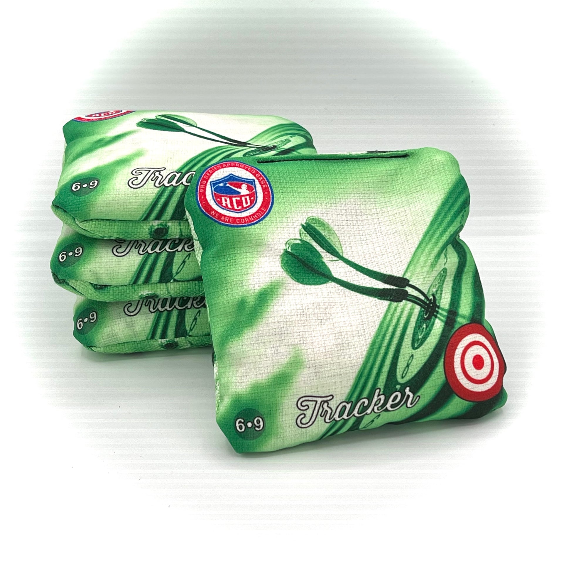 Green Bullseye Tracker Cornhole Bag, Front Shot