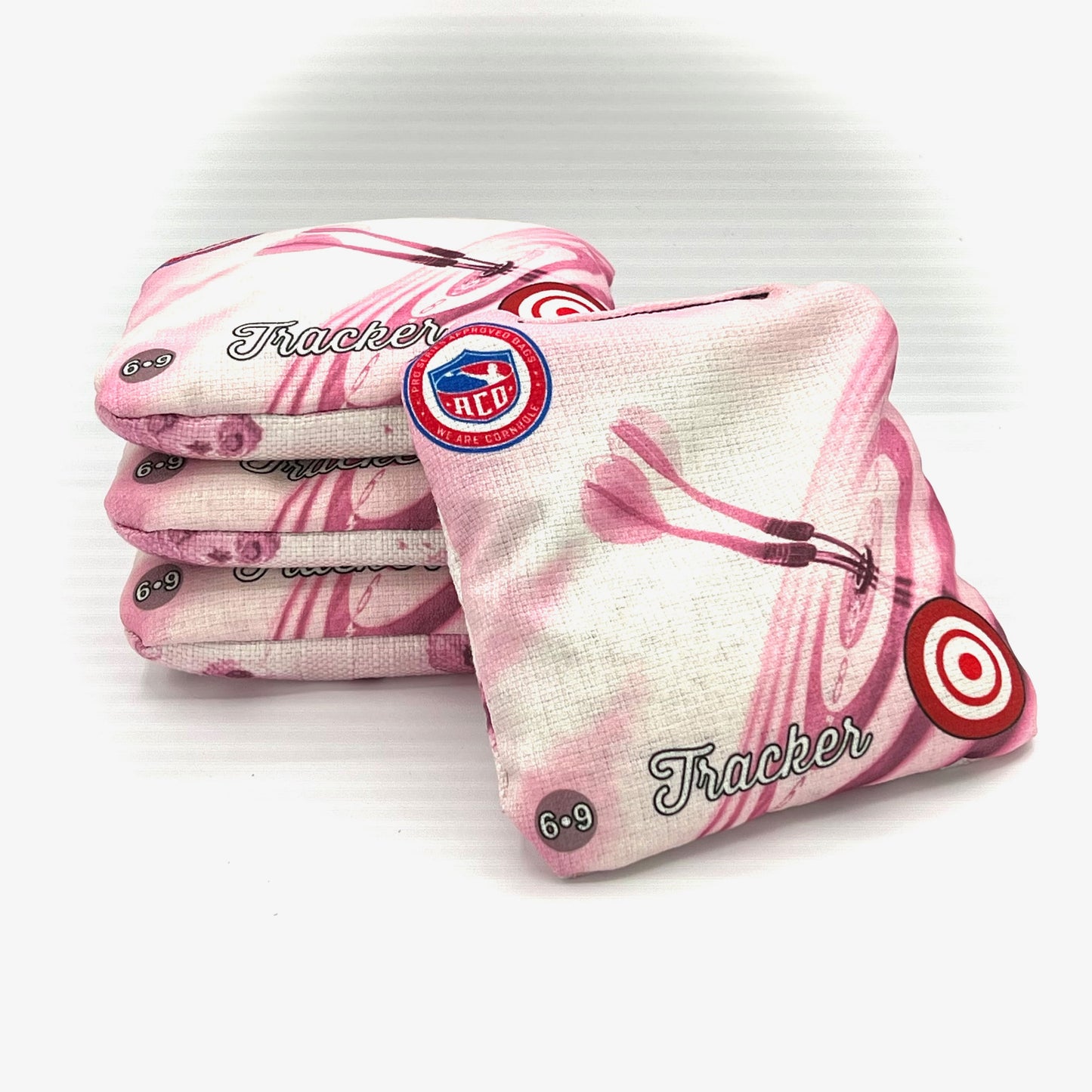 Pink Bullseye Tracker Cornhole Bag, Front Shot