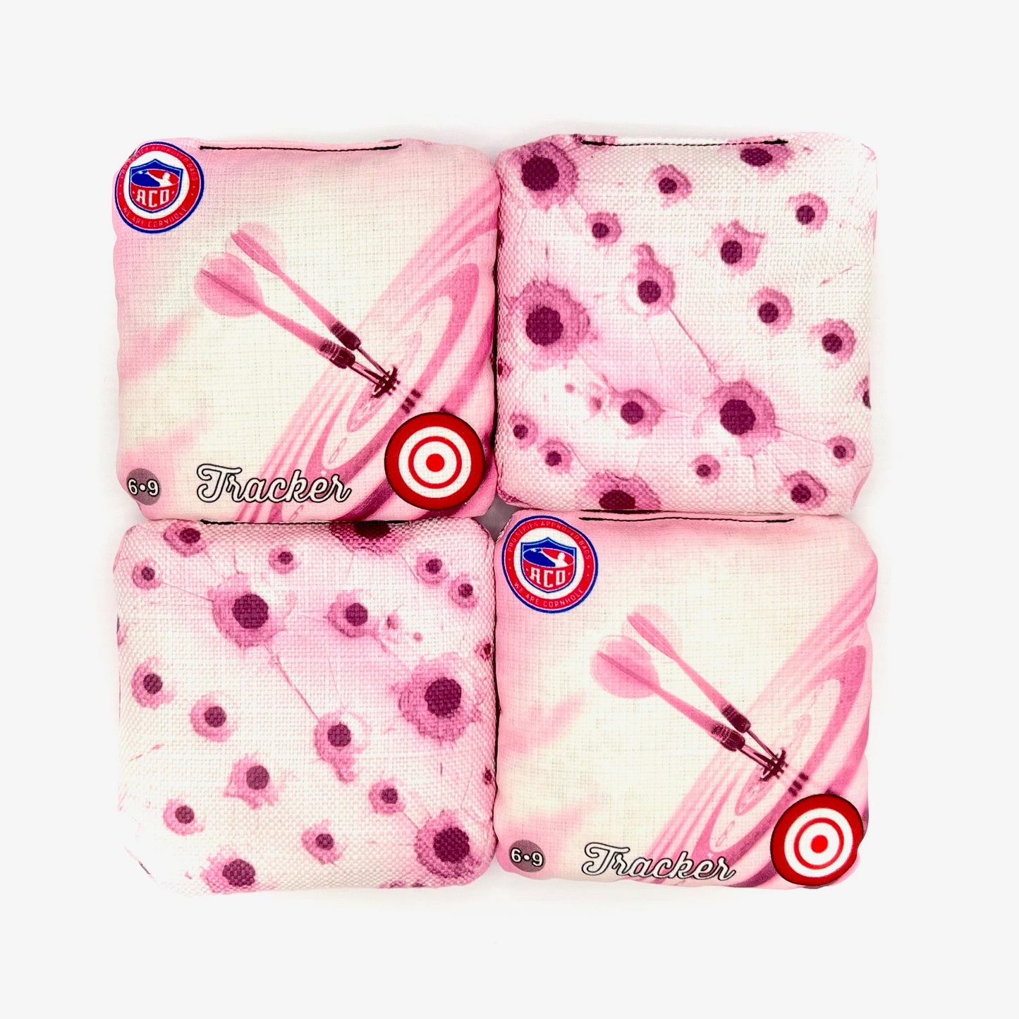 Pink Bullseye Tracker Cornhole Bag, Top Shot