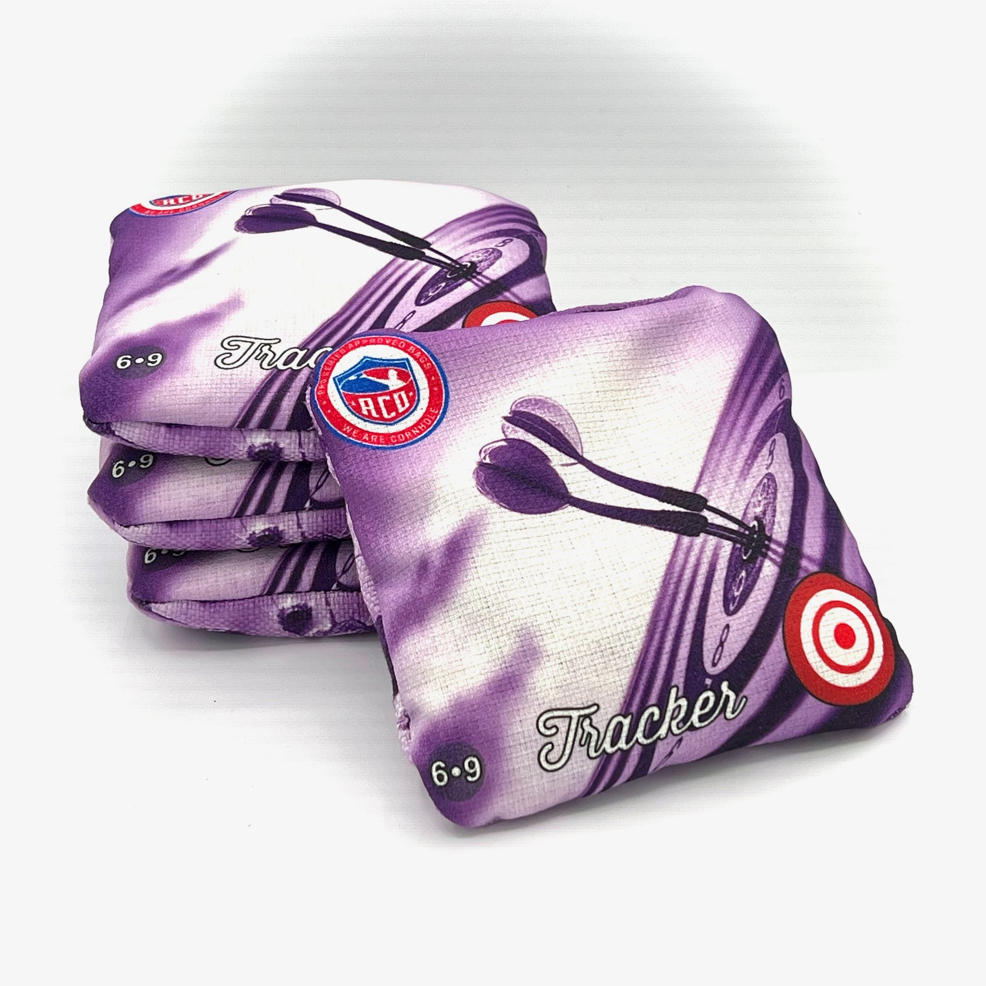 Purple Bullseye Tracker Cornhole Bag, Front Shot