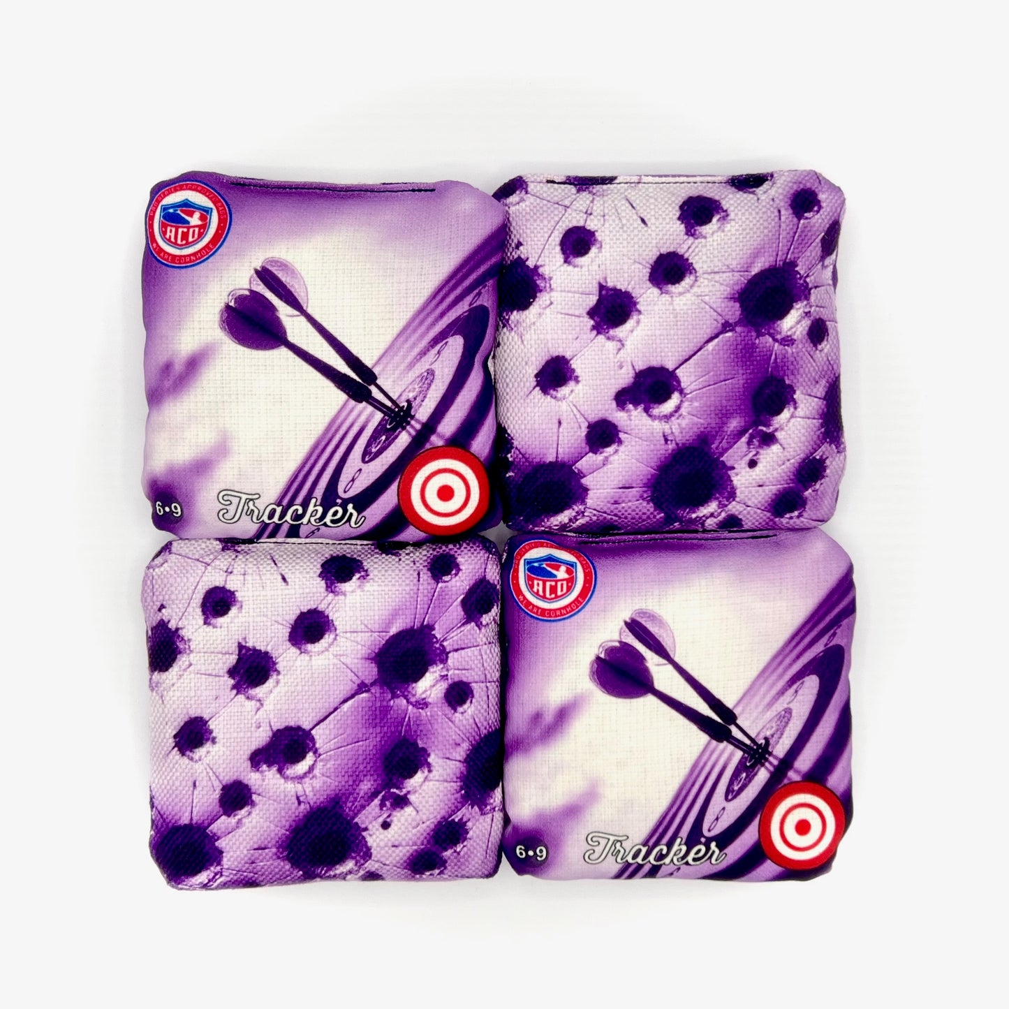 Purple Bullseye Tracker Cornhole Bag, Top Shot