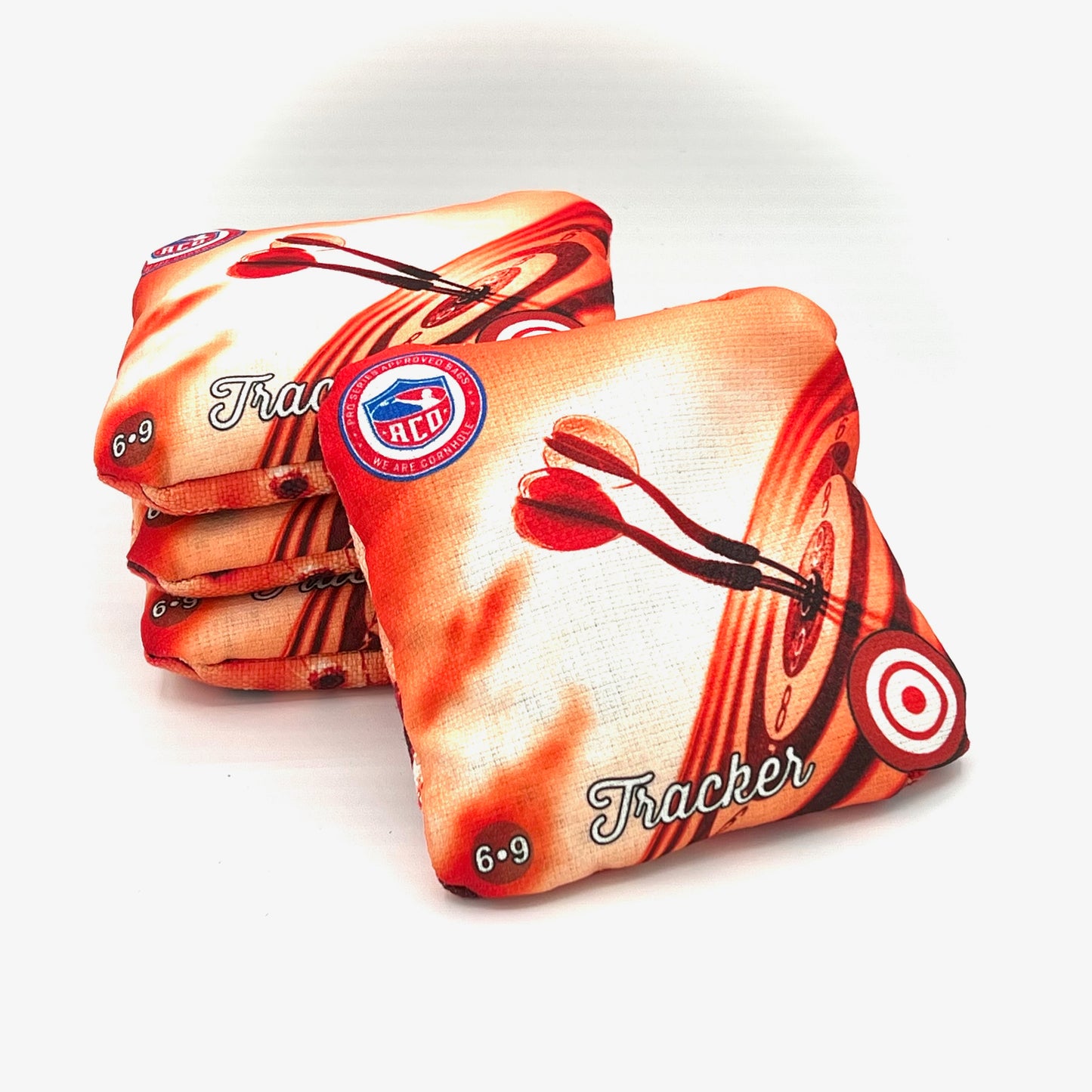 Red Bullseye Tracker Cornhole Bag, Front Shot